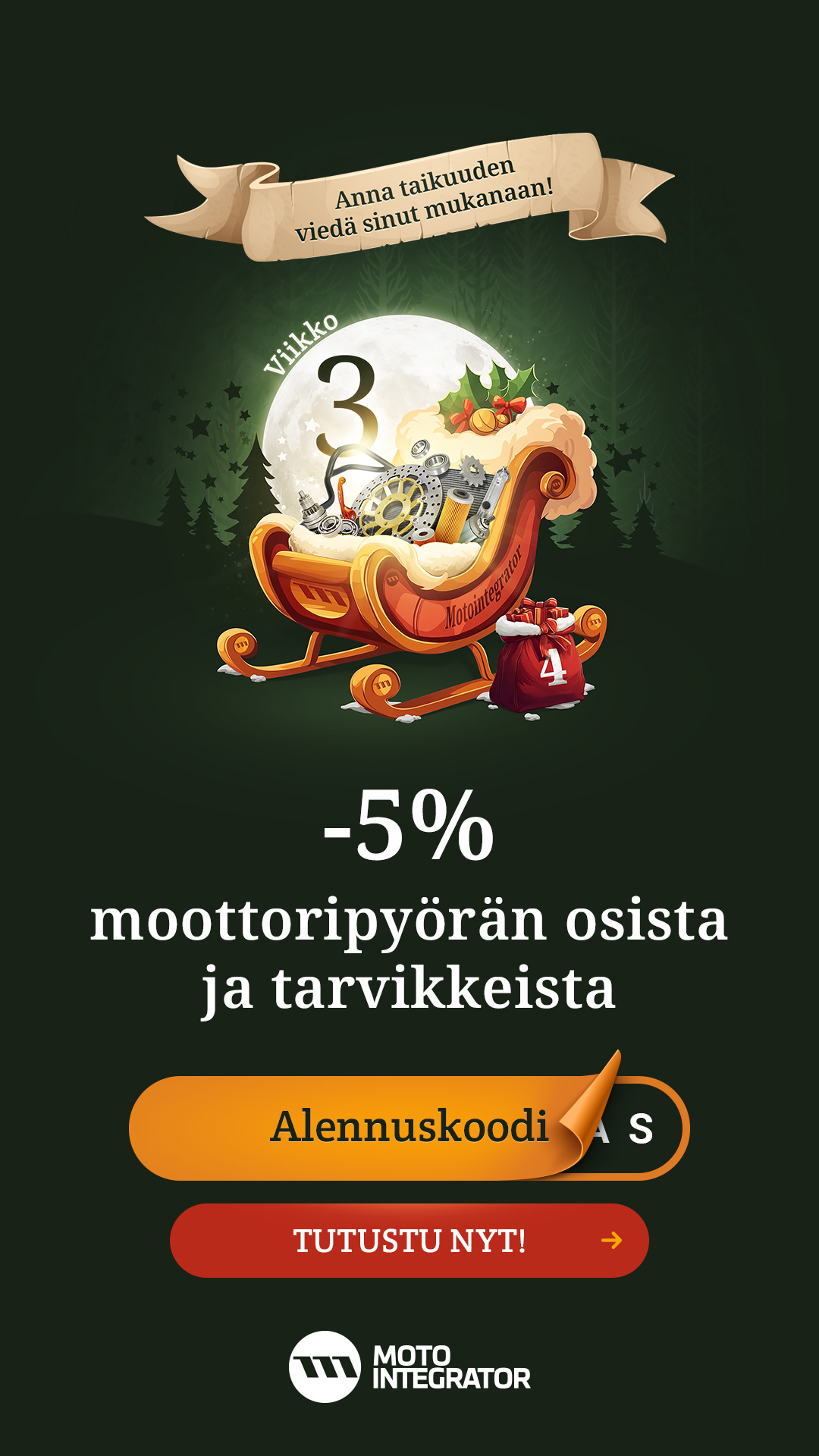 -5% MP-varaosista ja -tarvikkeista